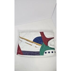 Vintage Colorblock Patchwork Clutch Purse White Croc Embossed 80s 90s